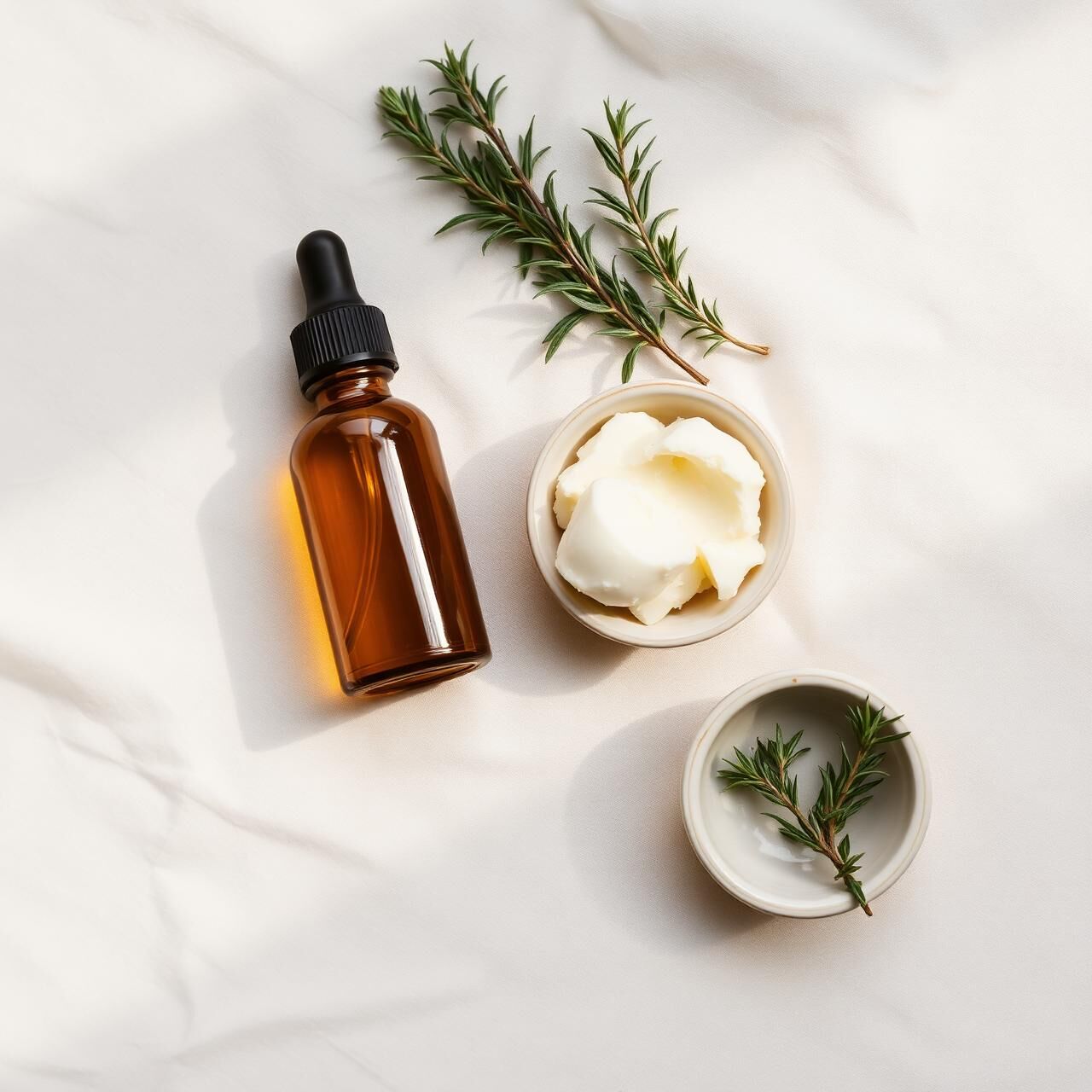 Natural hair care ingredients on cream linen