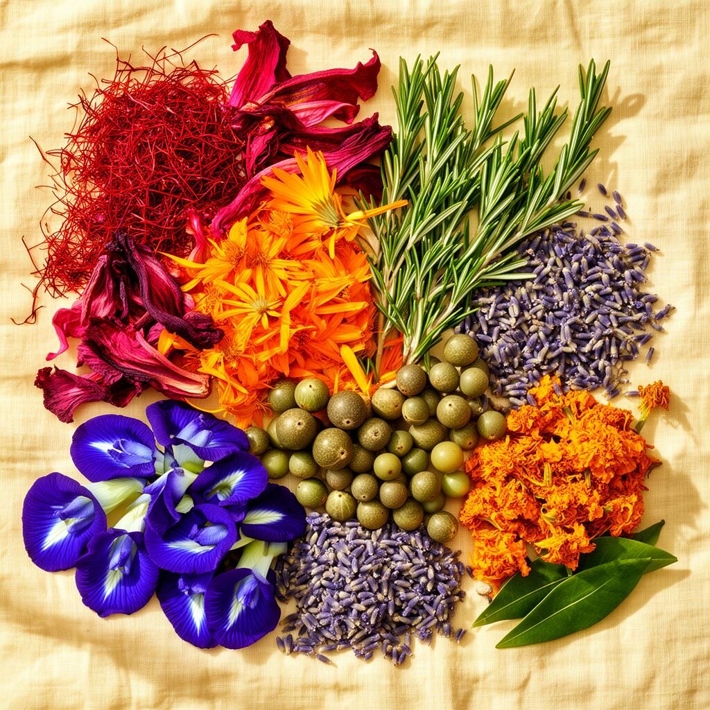 Saffron, hibiscus, calendula, butterfly pea, marigold and rosemary on linen